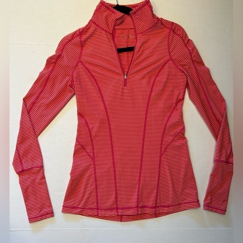 Zella orange&pink stripped long sleeve 1/4 zip athletic pullover shirt Sz XS B17